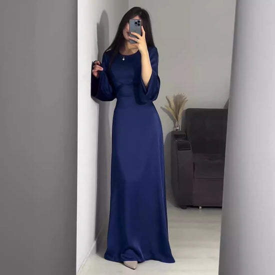 Waist Slimming Lace Up Solid Color Long Sleeve Temperament Dress